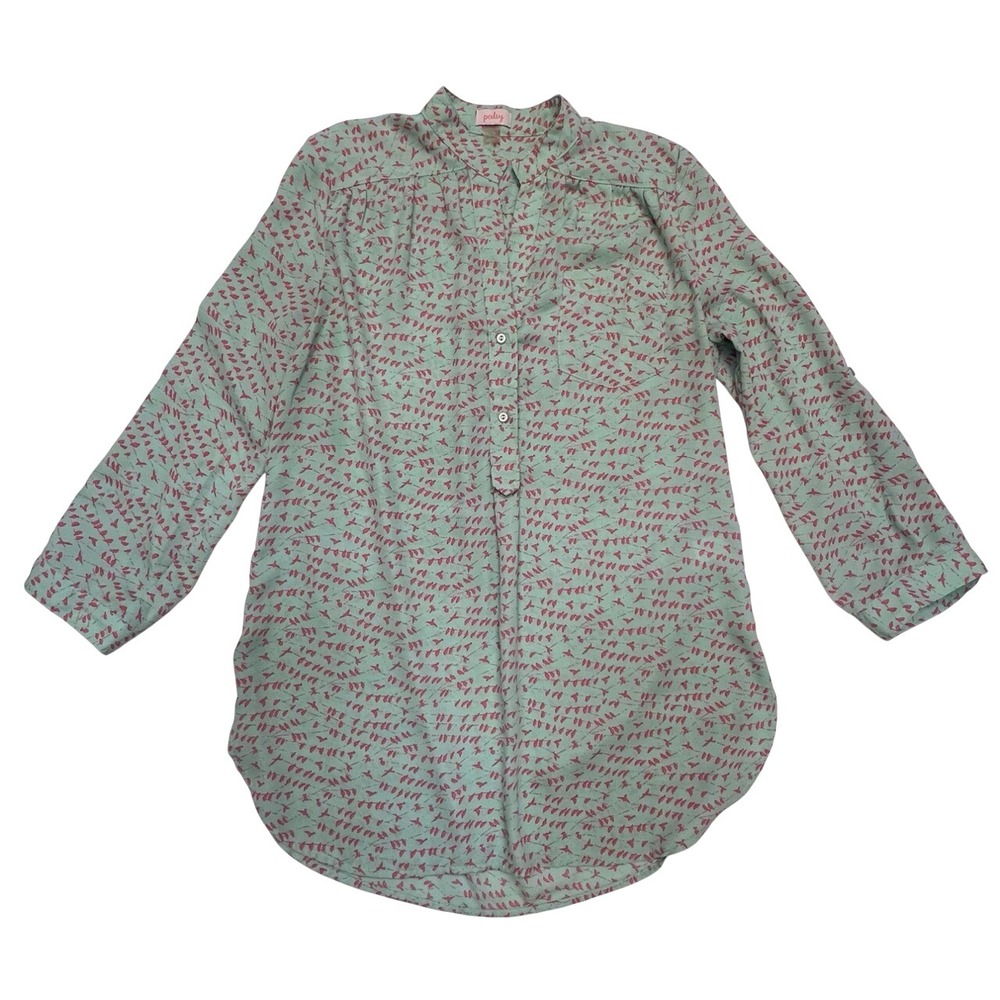 Pixley Mint Green & Pink Bird Pattern Lightweight‎ Flowy Blouse Size M